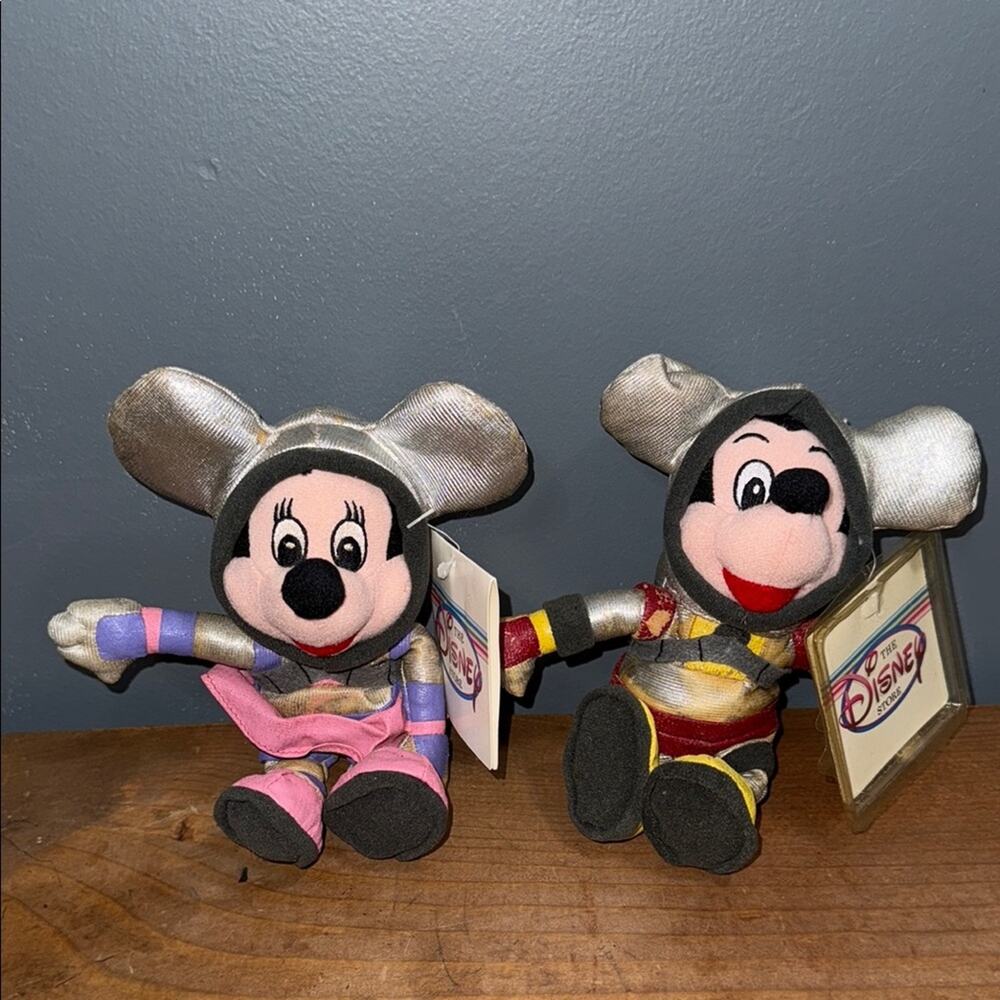 Vintage The Disney Store spaceman Mickey and spaceman Minnie bean bags flawed